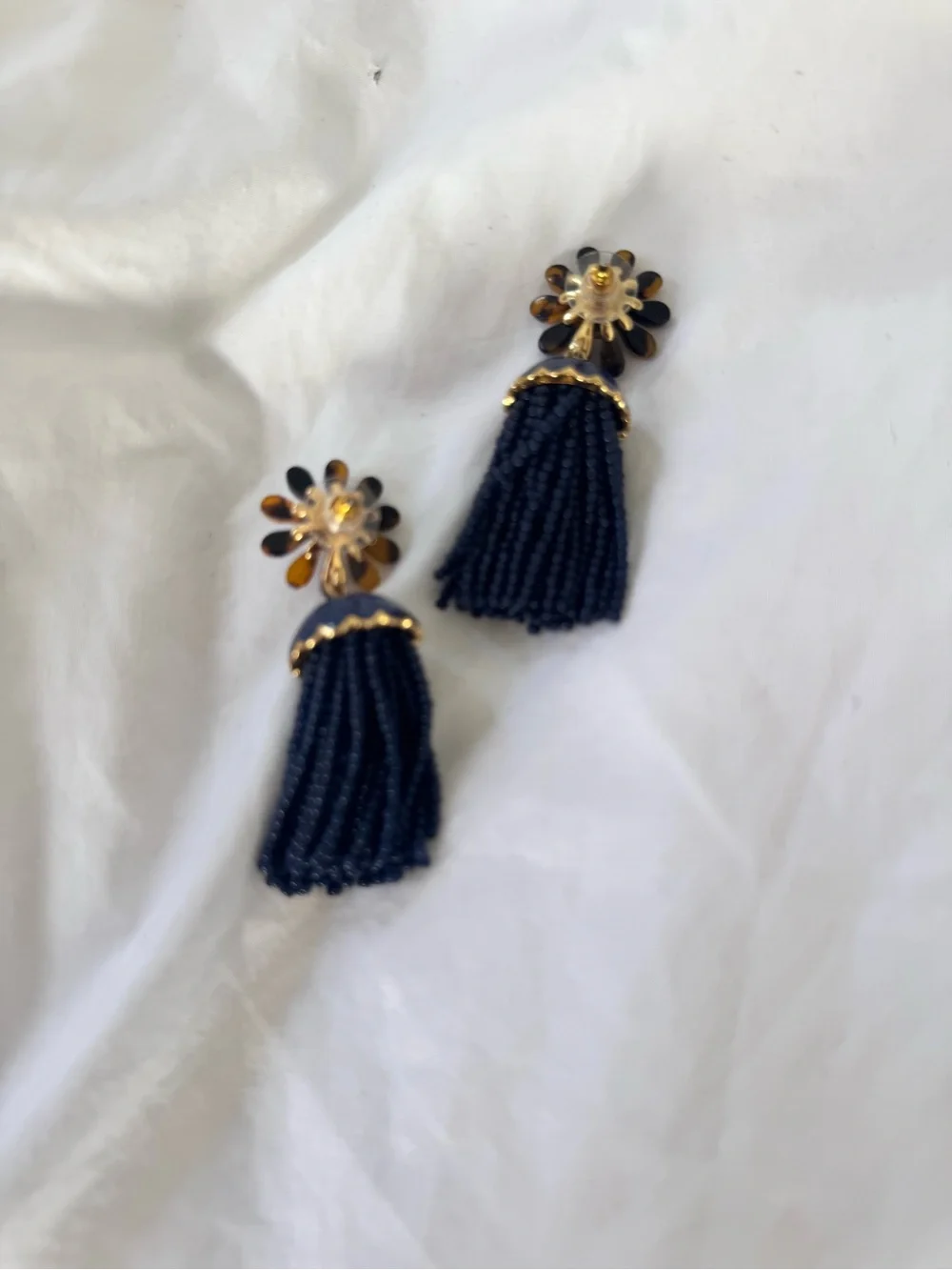 J Crew blue beaded tassel Tortoise Shell flower earrings $65 retail